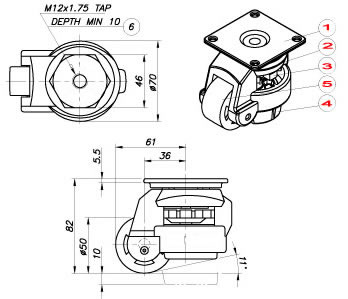 leveling stem casters drawing