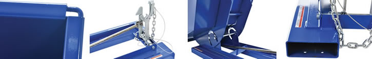 Self-Dumping Steel Hoppers with Bumper Release includes a cable that may be operated from the seat of the fork truck to manually dump the hopper while a safety restraint is provided to secure the hopper to the fork truck.