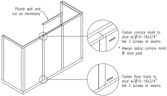Secure the stud through the cornice mold and floor track on the interior side of wall at each stud location with #10-16 x 3/4" Tek 3 screws (Detail K).