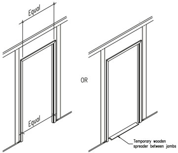 Verify there is equal spacing between both jambs by measuring or by using a temporary wooden spreader. (Detail P)